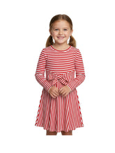 Load image into Gallery viewer, Girls Red White Stripe Waist Tie Textured Belt Long sleeve Skater Dress