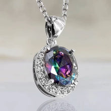 Load image into Gallery viewer, Ladies Silver Rainbow Multi-colored Oval Crystal Pendant Link Chain Necklace