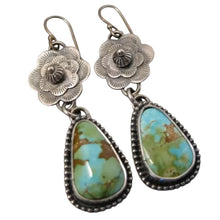 Load image into Gallery viewer, Ladies Silver Vintage Metal Handcarved Floral Turquoise Hook Dangling Earrings