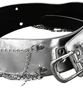 Load image into Gallery viewer, Ladies Silver Classic Wide Faux Leather Metallic Studded & Drop Chain Crystal Belt
