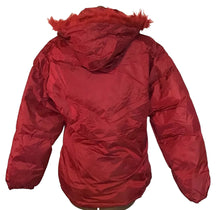 Load image into Gallery viewer, Ladies Red Faux Fur Trim Removeable Hood Winter Coat