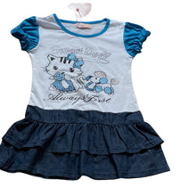Load image into Gallery viewer, Girls Blue & White Sweet Doll Print Layered Frill Hem Cap Sleeve Plus Belt Dress