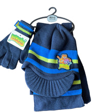 Load image into Gallery viewer, Boys Moshie Monsters Navy Stripe Hat Glove and Scarf 3 Piece Set