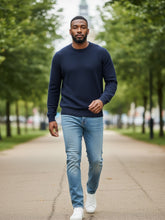 Load image into Gallery viewer, Mens Navy Blue Straight Up Soft Knit Cotton Blend Crew Ribbed Longsleeve Jumper