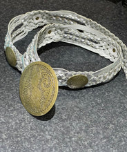 Load image into Gallery viewer, Ladies Silver Faux Leather Plaid Wide Brass Gold Round Pin Buckle Waist Woven Belt