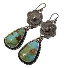 Load image into Gallery viewer, Ladies Silver Vintage Metal Handcarved Floral Turquoise Hook Dangling Earrings