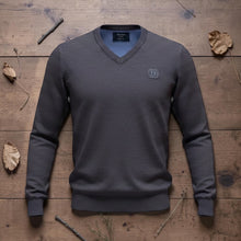 Load image into Gallery viewer, Mens Dark Grey Ombre Ribbed V-Neck Soft Knitted Jumper