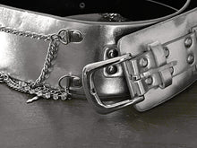 Load image into Gallery viewer, Ladies Silver Classic Wide Faux Leather Metallic Studded & Drop Chain Crystal Belt