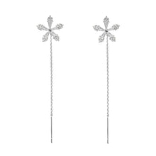Load image into Gallery viewer, Ladies Silver Shiny Flower Rhinestone Ear Clip Thin Dangle Long Tassels Earrings