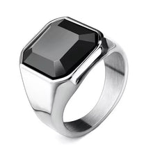 Load image into Gallery viewer, Mens Silver Stainless Steel Square Inlay Black Agate Stone Thick Band Ring