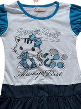 Load image into Gallery viewer, Girls Blue & White Sweet Doll Print Layered Frill Hem Cap Sleeve Plus Belt Dress