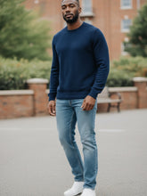 Load image into Gallery viewer, Mens Navy Blue Straight Up Soft Knit Cotton Blend Crew Ribbed Longsleeve Jumper