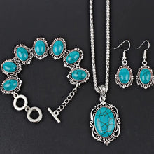 Load image into Gallery viewer, Ladies Vintage Silver Turquoise Gemstone Bracelet Necklace Earrings 3 Piece Sets