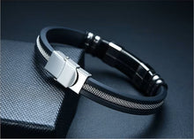 Load image into Gallery viewer, Mens Black Stainless Steel Silicone Mid Mesh Insert Bar Magnetic Clasp Bracelets