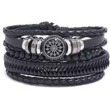 Load image into Gallery viewer, Mens Black 4Pcs Set Braided Bead Wrap Adjustable Leather Bracelets
