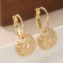 Load image into Gallery viewer, Ladies Gold Plated Round Floral Design White Synthetic Zirconia Hook Earrings.