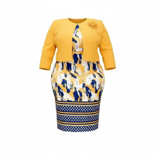 Load image into Gallery viewer, Ladies Yellow & Navy Multi Stripe Geometric Shortsleeve Dress & Jacket 2Pce Set