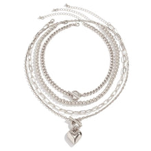 Load image into Gallery viewer, Ladies Silver 4 Tier Multi Layer Beaded Heart Pendant Cuban Link Choker Necklace