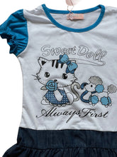 Load image into Gallery viewer, Girls Blue & White Sweet Doll Print Layered Frill Hem Cap Sleeve Plus Belt Dress