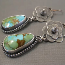 Load image into Gallery viewer, Ladies Silver Vintage Metal Handcarved Floral Turquoise Hook Dangling Earrings