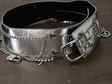 Load image into Gallery viewer, Ladies Silver Classic Wide Faux Leather Metallic Studded & Drop Chain Crystal Belt