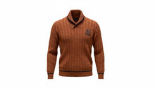 Load image into Gallery viewer, Mens Burnt Orange Black Trim Ribbed Shawl Collar Cable Knit Longsleeve Jumper