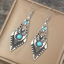 Load image into Gallery viewer, Ladies Silver Vintage Style Turquoise Middle Bead Triangle Hook Earrings