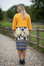 Load image into Gallery viewer, Ladies Yellow & Navy Multi Stripe Geometric Shortsleeve Dress & Jacket 2Pce Set