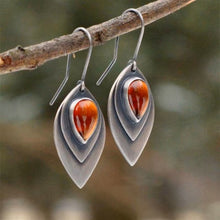 Load image into Gallery viewer, Ladies Silver Vintage Leaf Carved Waterdrop Inlaid Orange Stone Earrings