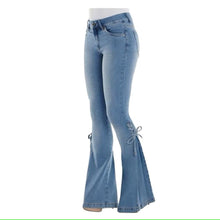 Load image into Gallery viewer, Ladies High Waist Stretchy Flare Hem Side Tie Jeans
