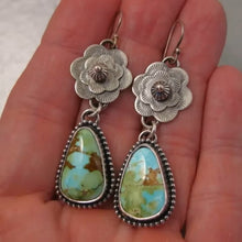 Load image into Gallery viewer, Ladies Silver Vintage Metal Handcarved Floral Turquoise Hook Dangling Earrings