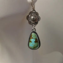 Load image into Gallery viewer, Ladies Silver Vintage Metal Handcarved Floral Turquoise Hook Dangling Earrings