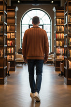 Load image into Gallery viewer, Mens Burnt Orange Black Trim Ribbed Shawl Collar Cable Knit Longsleeve Jumper