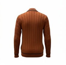 Load image into Gallery viewer, Mens Burnt Orange Black Trim Ribbed Shawl Collar Cable Knit Longsleeve Jumper