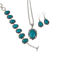 Load image into Gallery viewer, Ladies Vintage Silver Turquoise Gemstone Bracelet Necklace Earrings 3 Piece Sets