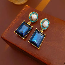 Load image into Gallery viewer, Ladies Blue Green Square Crystals Bead Dangling Drop Earrings