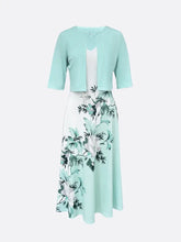 Load image into Gallery viewer, Ladies Torquoise White Flower and Grass Print V- Neck Long 2 Piece Womens Dress