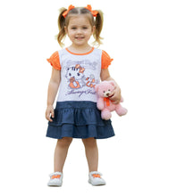 Load image into Gallery viewer, Girls Orange & White Sweet Doll Print Layered Frill Hem Cap Sleeve + Belt Dress
