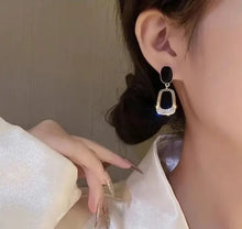 Load image into Gallery viewer, Ladies Gold Plated Crystal Black Enamel 2 Tier Layer Dangle Stud Earrings