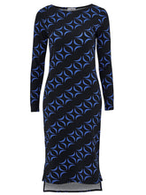 Load image into Gallery viewer, Ladies Ellos Black & Blue Geometric Print Soft Stretchy Midi Dress