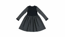 Load image into Gallery viewer, Girls Black & White Polka Dot & Stripe Crew Neck Button Skater Long Sleeve Dress