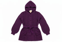 Load image into Gallery viewer, Girls Purple Button Down Cable Thick Knit Hooded Pockets Belted Cardigan 10Years
