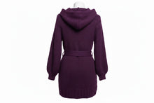 Load image into Gallery viewer, Girls Purple Button Down Cable Thick Knit Hooded Pockets Belted Cardigan 10Years