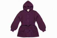 Load image into Gallery viewer, Girls Purple Button Down Cable Thick Knit Hooded Pockets Belted Cardigan 10Years