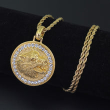 Load image into Gallery viewer, Mens Unisex Gold Roaring Wolf Head Crystals Solid Pendant Braid chain Necklace