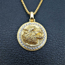 Load image into Gallery viewer, Mens Unisex Gold Roaring Wolf Head Crystals Solid Pendant Braid chain Necklace