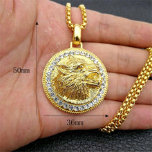 Load image into Gallery viewer, Mens Unisex Gold Roaring Wolf Head Crystals Solid Pendant Braid chain Necklace