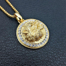 Load image into Gallery viewer, Mens Unisex Gold Roaring Wolf Head Crystals Solid Pendant Braid chain Necklace