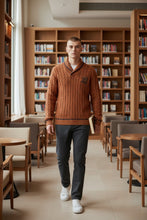 Load image into Gallery viewer, Mens Burnt Orange Black Trim Ribbed Shawl Collar Cable Knit Longsleeve Jumper