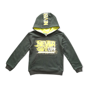 Boys Olive Green Never Give Up Front Pocket Hoody